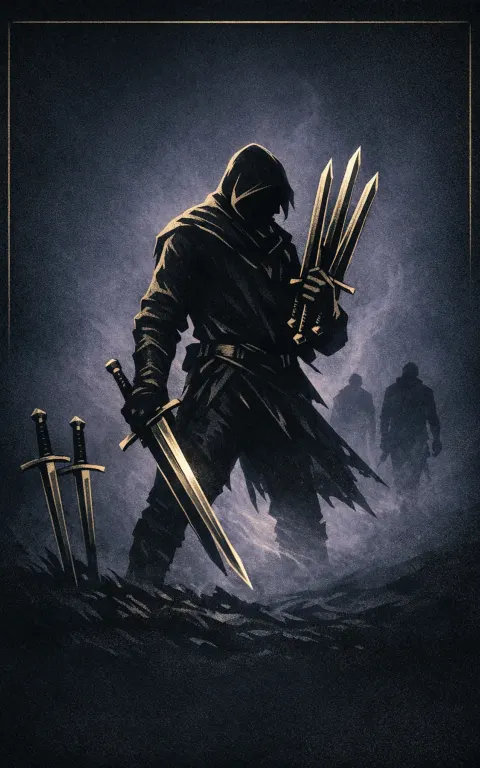 Five of Swords tarot card illustration featuring figure gathering swords, two withdrawing forms, windy shoreline in a hollow victory, conflict residue, alienation ceremonial composition.