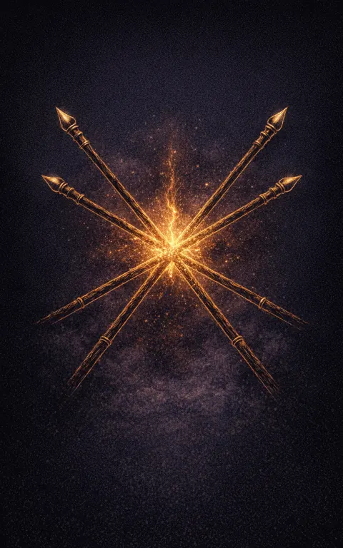 Five of Wands tarot card illustration featuring five crossing staves, sparks, angular motion in a friction, contest, scattered effort ceremonial composition.