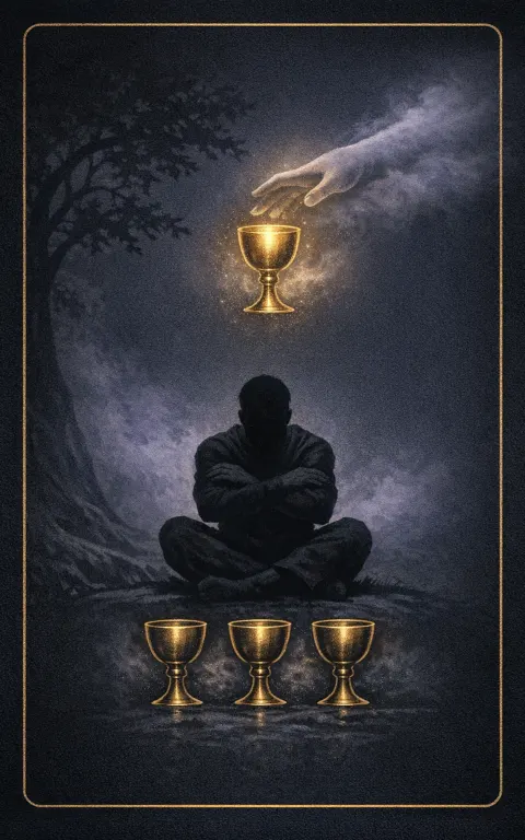 Four of Cups tarot card illustration featuring seated figure with folded posture, three grounded cups, one offered cup in a withdrawal, apathy, offered possibility ceremonial composition.