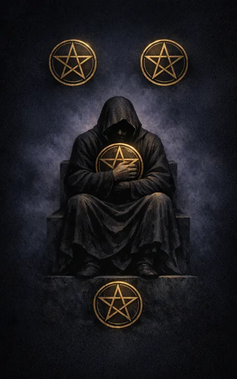 Four of Pentacles tarot card illustration featuring seated figure clutching pentacles, city in distance, square geometry in a holding, security, control, guarded resources ceremonial composition.