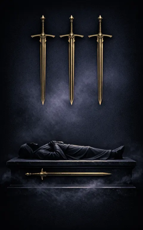 Four of Swords tarot card illustration featuring recumbent effigy or figure, three hanging swords, one grounded sword in a rest, recovery, strategic stillness ceremonial composition.