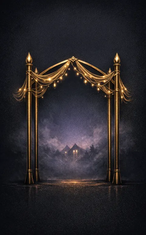 Four of Wands tarot card illustration featuring four garlanded wands, ritual arch, festive lights in a celebration, milestone, homecoming ceremonial composition.