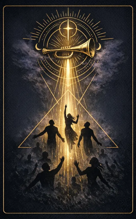 Judgement tarot card illustration featuring trumpet, resurrecting figures, oceanic horizon in a solemn, awakening, expansive, decisive ceremonial composition.