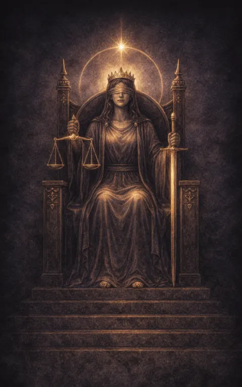 Justice tarot card illustration featuring scales, sword held upright, throne in a clean, severe, lucid, uncompromising ceremonial composition.