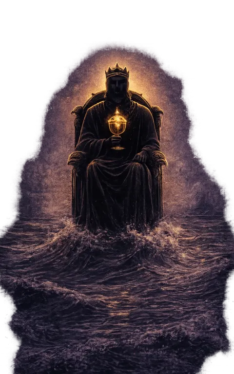 King of Cups tarot card illustration featuring stone throne on water, cup, ship in distance in a steady emotion, diplomacy, mature inner tide ceremonial composition.