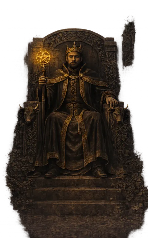 King of Pentacles tarot card illustration featuring vine-carved throne, bull motif, heavy robe in a material mastery, stability, cultivated wealth ceremonial composition.