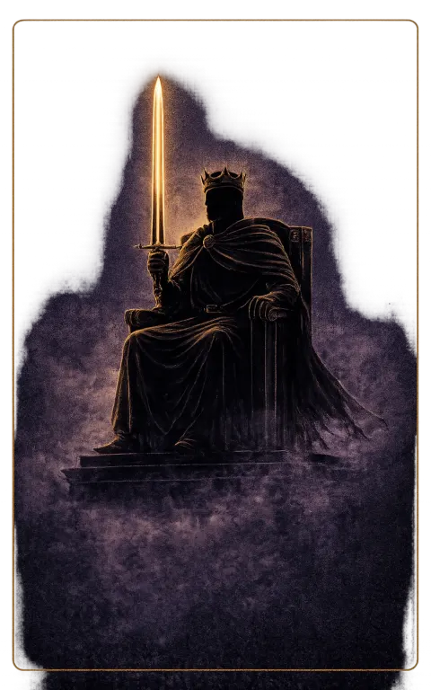 King of Swords tarot card illustration featuring stone throne, butterflies or birds, upright sword in a judgment, intellectual authority, lucid command ceremonial composition.