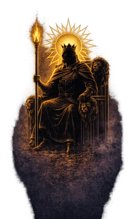 King of Wands tarot card illustration featuring lion motif, throne, wand topped with flame in a visionary leadership, mature fire, command with purpose ceremonial composition.