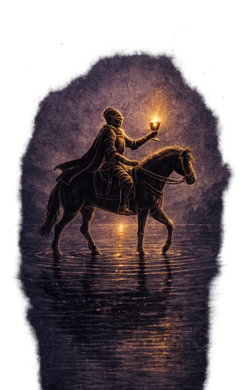 Knight of Cups tarot card illustration featuring white horse, offered cup, river landscape in a romantic pursuit, idealism, heart in motion ceremonial composition.