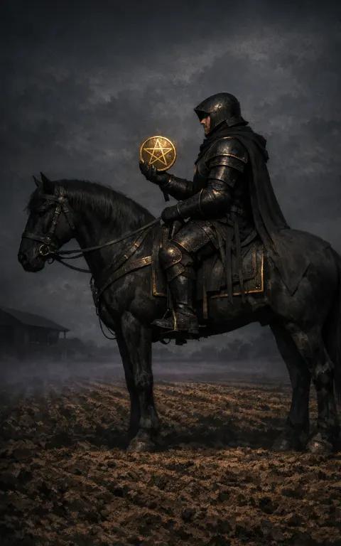 Knight of Pentacles tarot card illustration featuring still horse, knight holding pentacle, ploughed field in a routine, reliability, patient effort ceremonial composition.