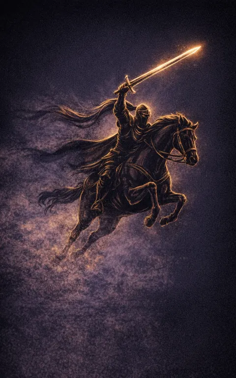 Knight of Swords tarot card illustration featuring charging horse, drawn sword, leaning trees in a speed, force, ambitious charge ceremonial composition.