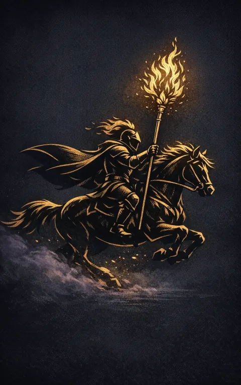 Knight of Wands tarot card illustration featuring galloping horse, wand banner, sand or sparks in a bold pursuit, impulsive momentum, heat in motion ceremonial composition.