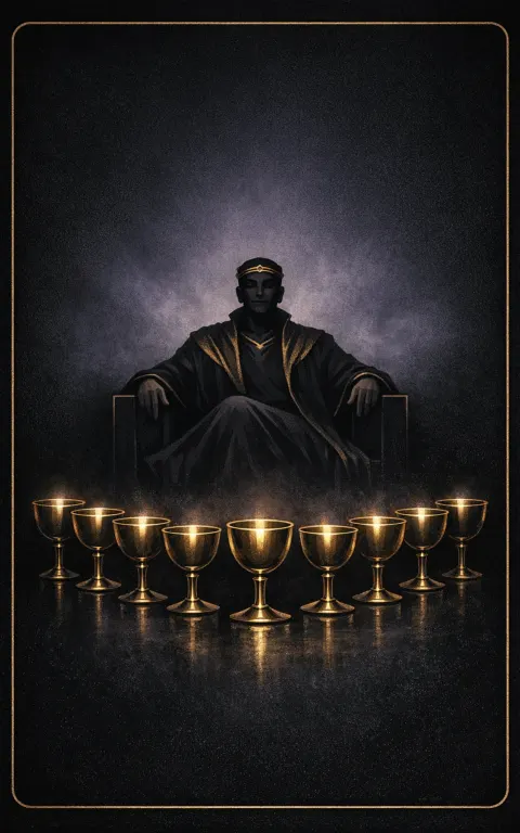 Nine of Cups tarot card illustration featuring nine arranged cups, seated host figure, curtain backdrop in a contentment, fulfilled wish, private satisfaction ceremonial composition.