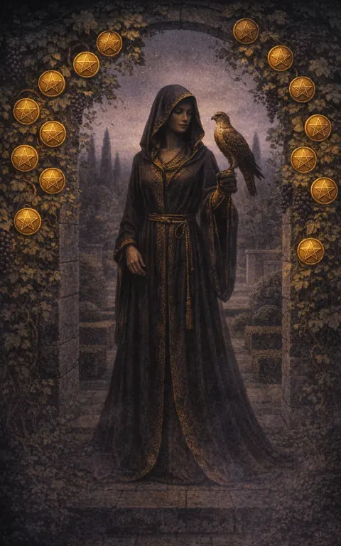 Nine of Pentacles tarot card illustration featuring walled garden, falcon, grapevine in a earned abundance, cultivated independence, self-sufficiency ceremonial composition.