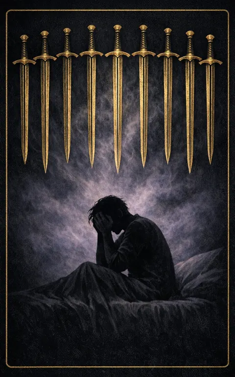 Nine of Swords tarot card illustration featuring waking figure in bed, nine swords overhead, dark quilt patterns in a anxiety, night fear, intrusive thought ceremonial composition.