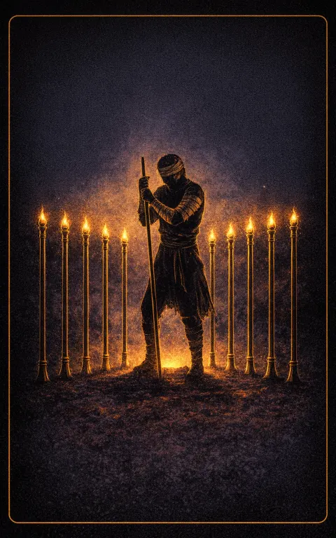 Nine of Wands tarot card illustration featuring guarded figure, bandaged head, nine standing wands in a resilience, vigilance, final endurance ceremonial composition.