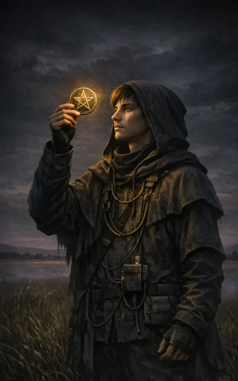 Page of Pentacles tarot card illustration featuring young figure, single pentacle held up, field or plain in a study, practical learning, focused manifestation ceremonial composition.