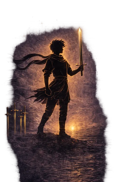 Page of Swords tarot card illustration featuring upright youth, raised sword, wind-torn clouds in a vigilance, curiosity, restless intellect ceremonial composition.