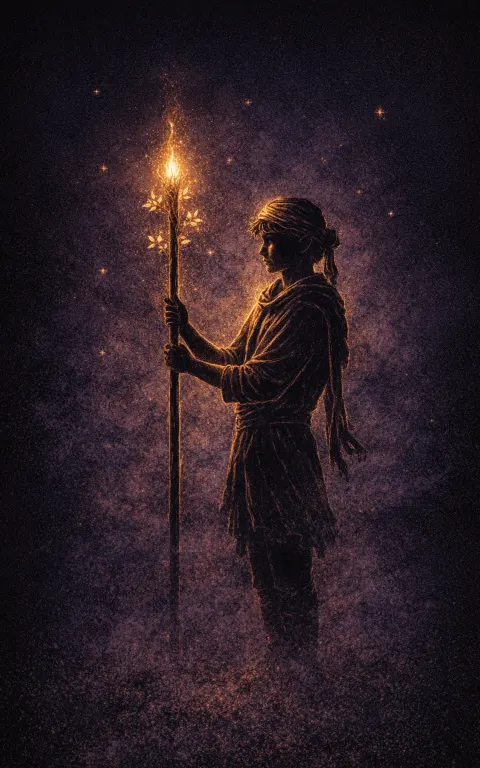 Page of Wands tarot card illustration featuring young traveler, single staff, desert or open plain in a curiosity, youthful fire, first call to adventure ceremonial composition.