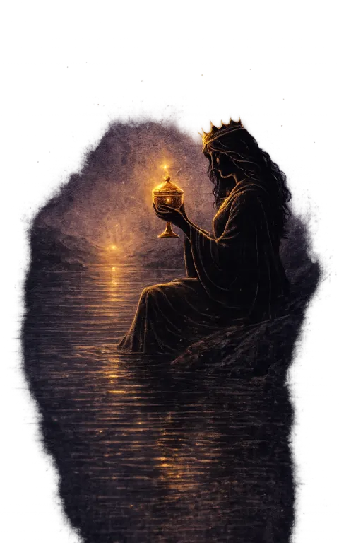 Queen of Cups tarot card illustration featuring ornate closed cup, throne by water, shell motifs in a compassion, intuition, emotional intelligence ceremonial composition.