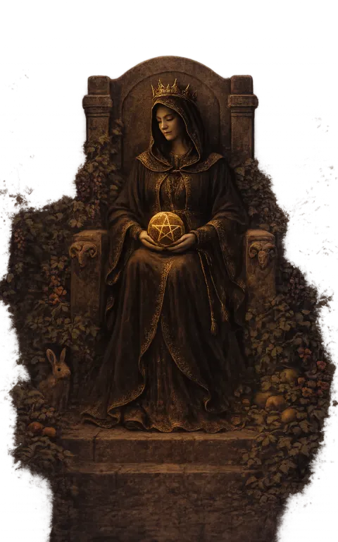 Queen of Pentacles tarot card illustration featuring seated queen, pentacle in lap, garden and rabbit motifs in a resourceful nurture, grounded care, domestic abundance ceremonial composition.