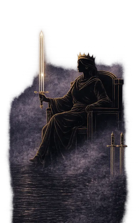 Queen of Swords tarot card illustration featuring throne in clouds, upright sword, open left hand in a discernment, direct truth, intelligent distance ceremonial composition.