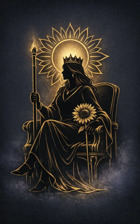 Queen of Wands tarot card illustration featuring sunflower, black cat, throne in a charisma, warm command, magnetic confidence ceremonial composition.