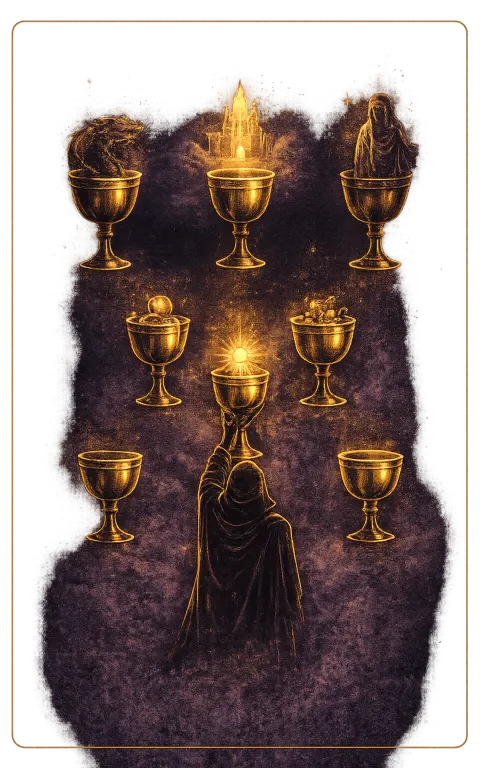 Seven of Cups tarot card illustration featuring seven floating cups, jewels, serpent in a fantasy, illusion, overwhelming options ceremonial composition.