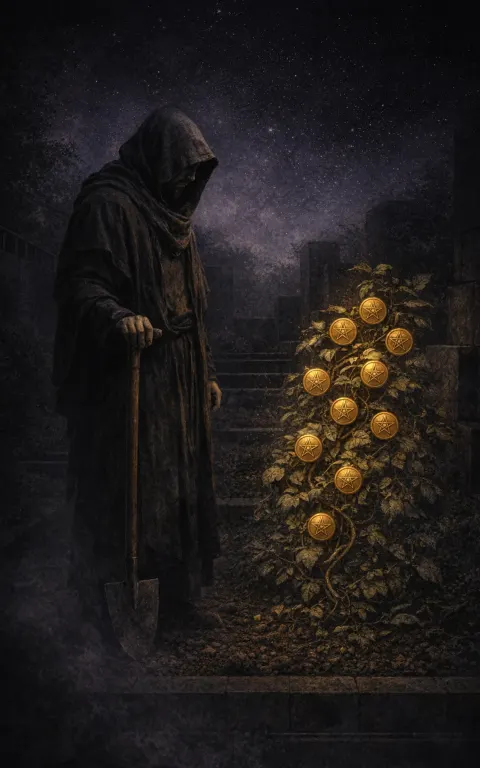 Seven of Pentacles tarot card illustration featuring vine with pentacles, resting farmer, tool in a patience, cultivation, long-term return ceremonial composition.