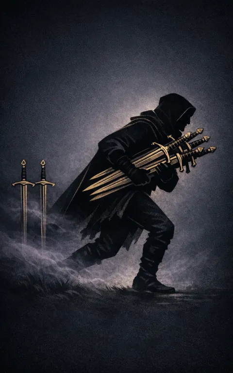Seven of Swords tarot card illustration featuring foxlike stealth figure, bundle of swords, camp in distance in a strategy, secrecy, deception, stealth ceremonial composition.