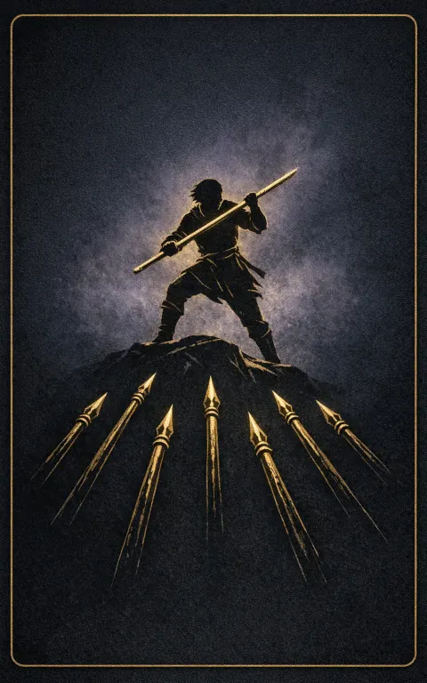 Seven of Wands tarot card illustration featuring raised staff, six opposing wands below, elevated ledge in a defense, pressure, high ground ceremonial composition.