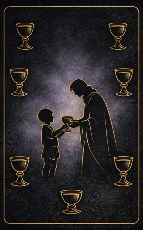 Six of Cups tarot card illustration featuring two figures, flower-filled cups, courtyard in a nostalgia, memory, innocence returned ceremonial composition.