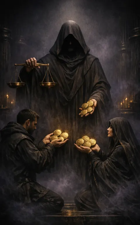 Six of Pentacles tarot card illustration featuring scales, robed giver, two kneeling receivers in a generosity, exchange, measured giving ceremonial composition.