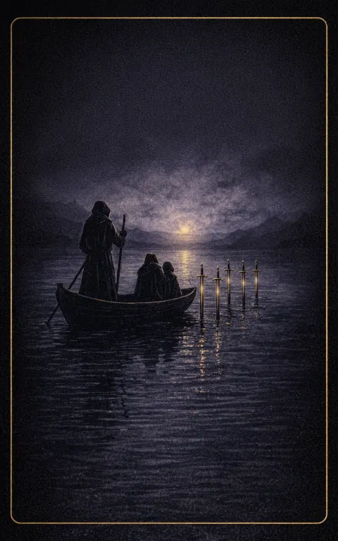 Six of Swords tarot card illustration featuring boat, hooded passengers, six upright swords in a transition, passage, leaving difficulty behind ceremonial composition.