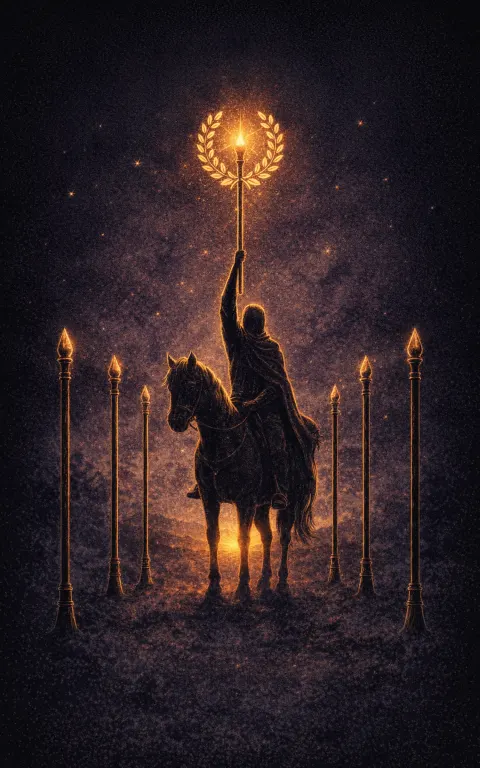 Six of Wands tarot card illustration featuring victory wreath, mounted wand bearer, laurel glow in a recognition, triumph, public victory ceremonial composition.