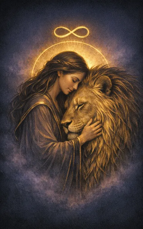 Strength tarot card illustration featuring lion, calm human hand, infinity glyph in a warm, brave, tender, steady ceremonial composition.