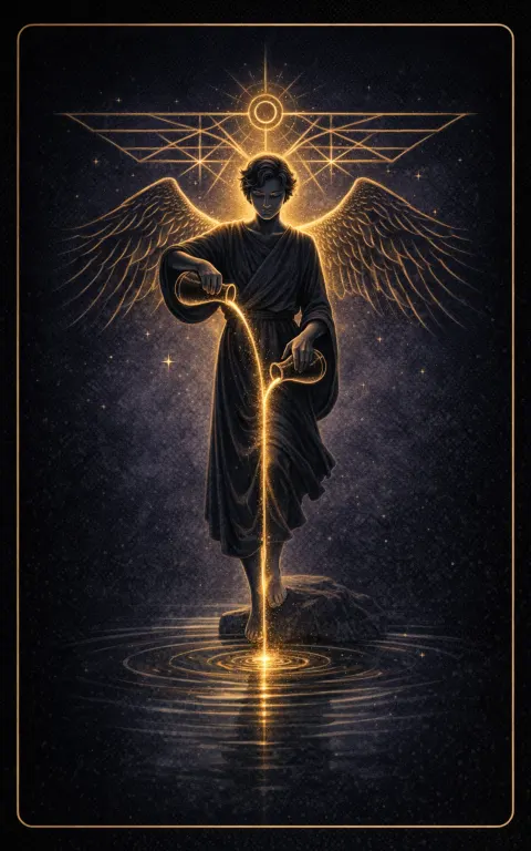 Temperance tarot card illustration featuring two chalices pouring, one foot in water, one foot on land in a healing, fluid, patient, harmonious ceremonial composition.