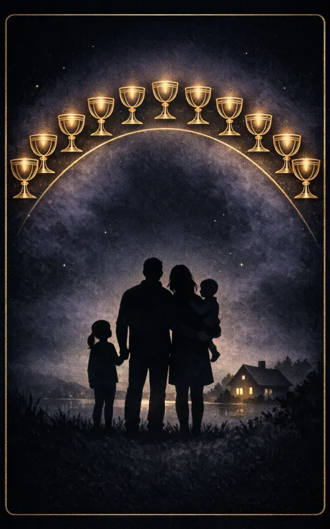Ten of Cups tarot card illustration featuring rainbow arc of cups, family group or shared silhouettes, home landscape in a lasting joy, belonging, shared emotional home ceremonial composition.