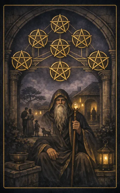 Ten of Pentacles tarot card illustration featuring archway of ten pentacles, elder and family group, courtyard dogs in a legacy, inheritance, multigenerational stability ceremonial composition.