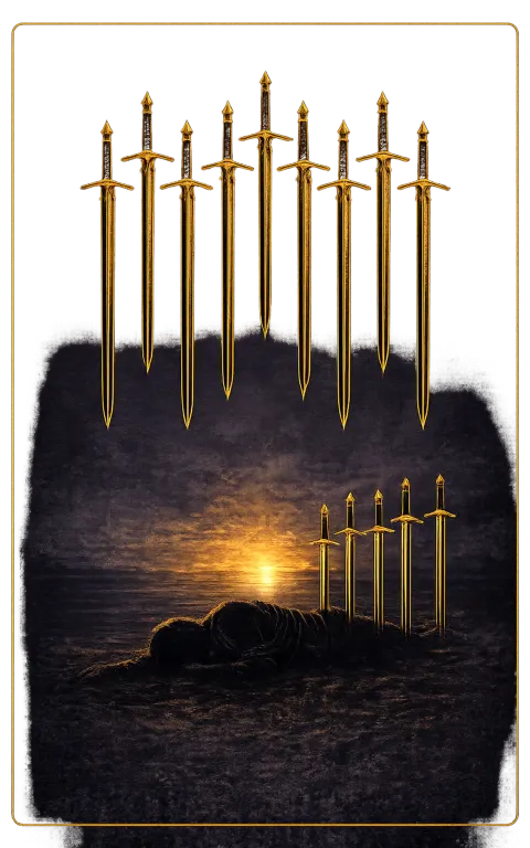 Ten of Swords tarot card illustration featuring prone figure, ten swords, rising dawn in a final ending, collapse, dawn beyond pain ceremonial composition.