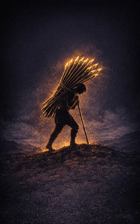 Ten of Wands tarot card illustration featuring bundle of ten wands, bent posture, distant home in a burden, overload, near-completion strain ceremonial composition.