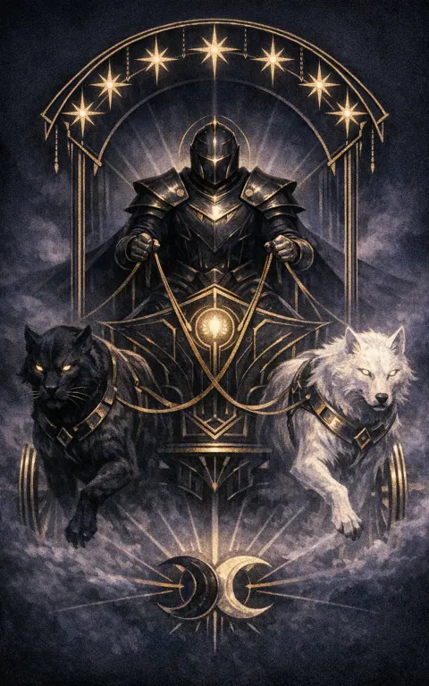 The Chariot tarot card illustration featuring ritual chariot, paired opposing forces, armor in a driven, dignified, kinetic but controlled ceremonial composition.