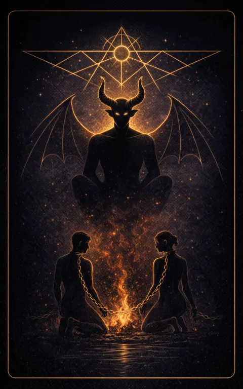 The Devil tarot card illustration featuring horned shadow figure, loose chains, dark altar in a claustrophobic, seductive, charged, uncomfortable ceremonial composition.