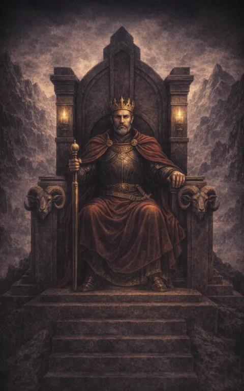 The Emperor tarot card illustration featuring stone throne, ram motifs, mountain geometry in a commanding, stable, architectural, controlled ceremonial composition.