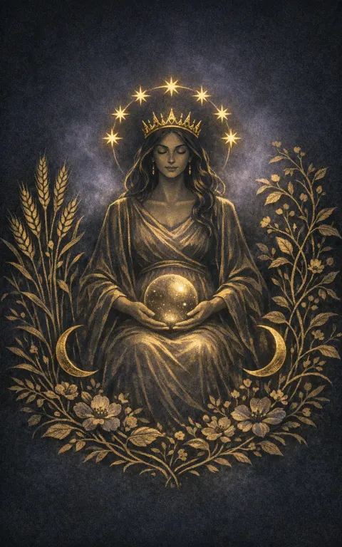 The Empress tarot card illustration featuring lush garden forms, wheat or vines, crown of stars in a warm, living, full, nurturing, serene ceremonial composition.