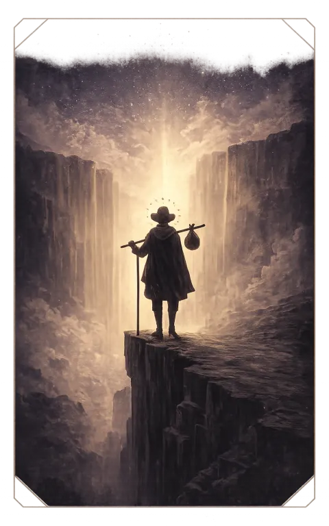 The Fool tarot card illustration featuring solitary traveler at a threshold, small satchel, cliff edge in a lightest and most open of the deck, optimistic but not naive ceremonial composition.