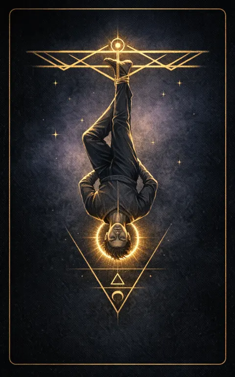 The Hanged Man tarot card illustration featuring upside-down suspended figure, halo around head, tree beam in a paused, contemplative, altered, luminous ceremonial composition.
