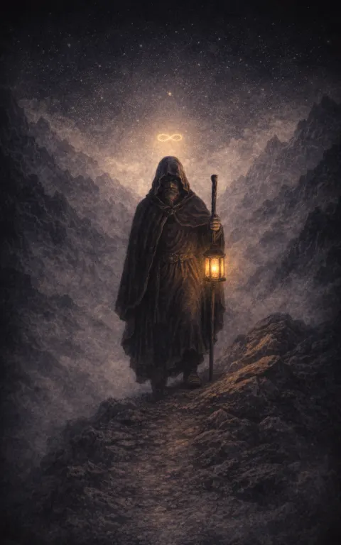The Hermit tarot card illustration featuring lantern, mountain path, hooded figure in a quiet, cold, reflective, patient ceremonial composition.