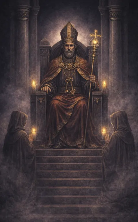 The Hierophant tarot card illustration featuring ritual staff, temple steps, twin acolyte forms in a solemn, ceremonial, inherited, quiet authority ceremonial composition.