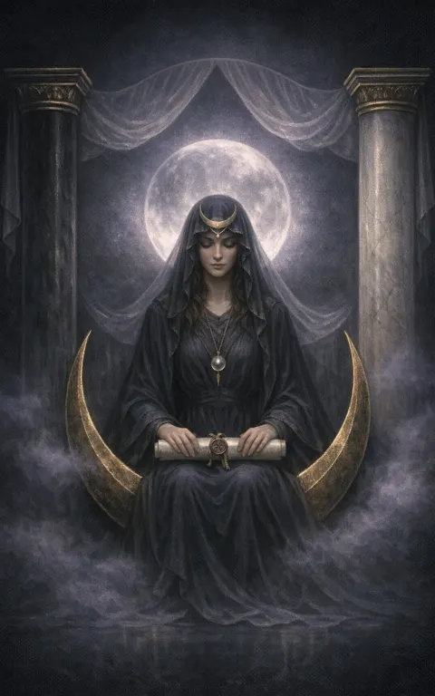 The High Priestess tarot card illustration featuring moon veil, sealed scroll, two pillars in a quiet, secretive, lunar, deeply interior ceremonial composition.